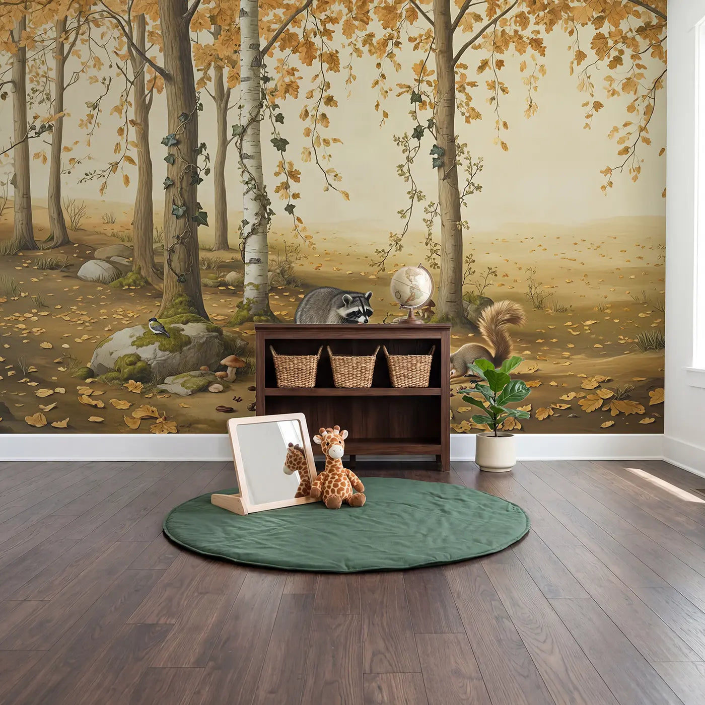 Autumn Nut Gathering Friends Wallpaper Mural in playroom setting by Whimsy Tots