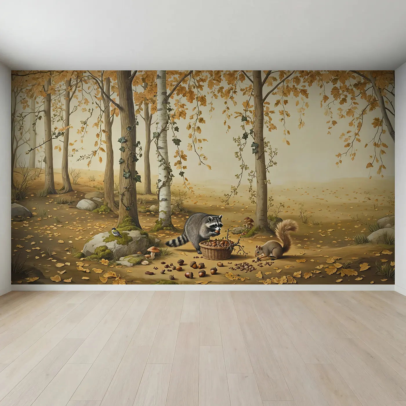 Full view of Autumn Nut Gathering Friends Wallpaper Mural by Whimsy Tots
