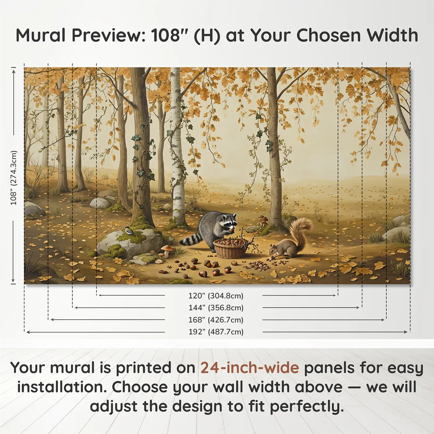 Panel layout and dimensions for Autumn Nut Gathering Friends Wallpaper Mural by Whimsy Tots