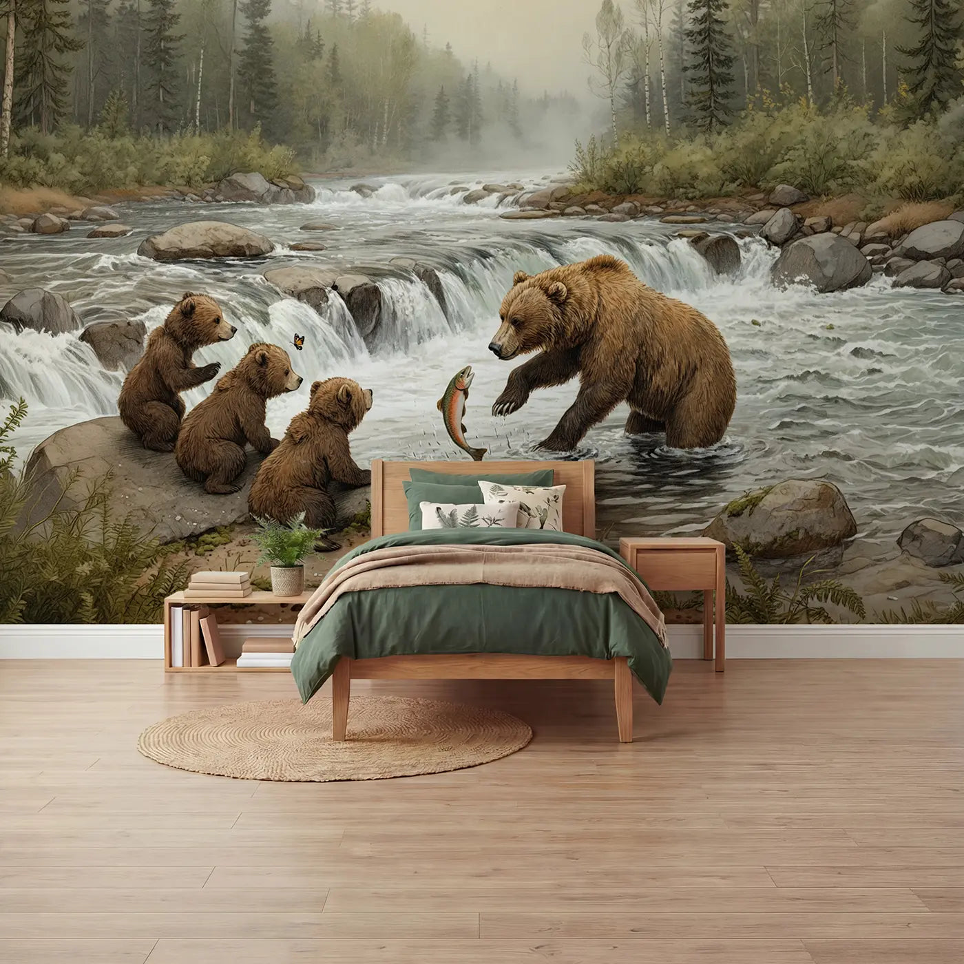 storybook illustration bear fishing river cubs mural for boys room by Whimsy Tots