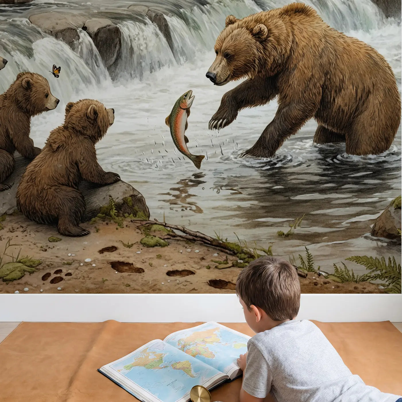 Child in nursery with Bear Fishing Cubs Watching River Wallpaper Mural by Whimsy Tots