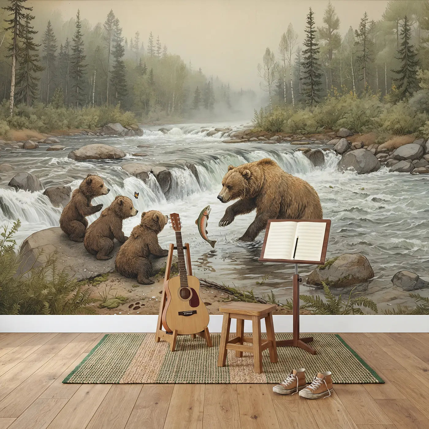 Bear Fishing Cubs Watching River Wallpaper Mural in playroom setting by Whimsy Tots