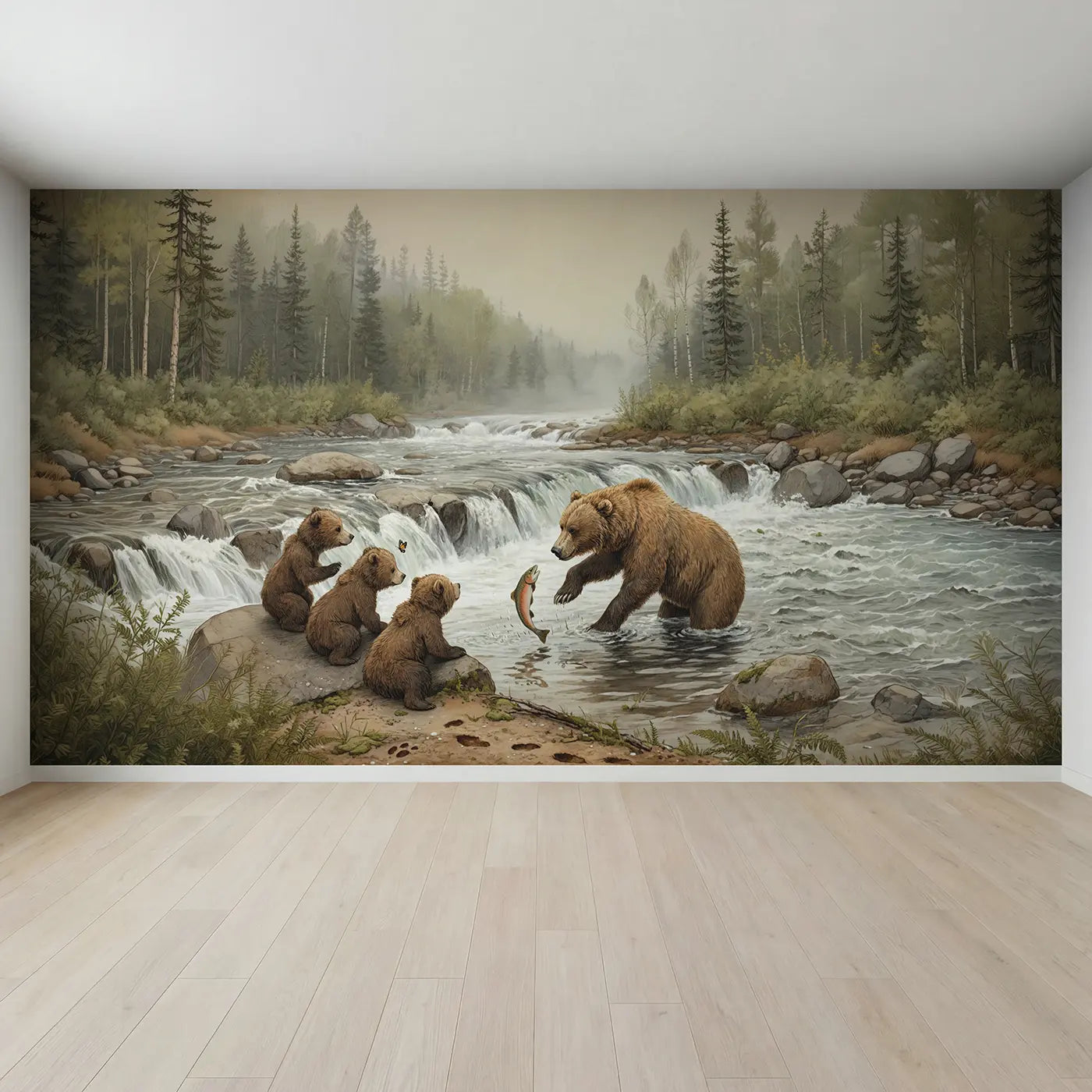 Full view of Bear Fishing Cubs Watching River Wallpaper Mural by Whimsy Tots