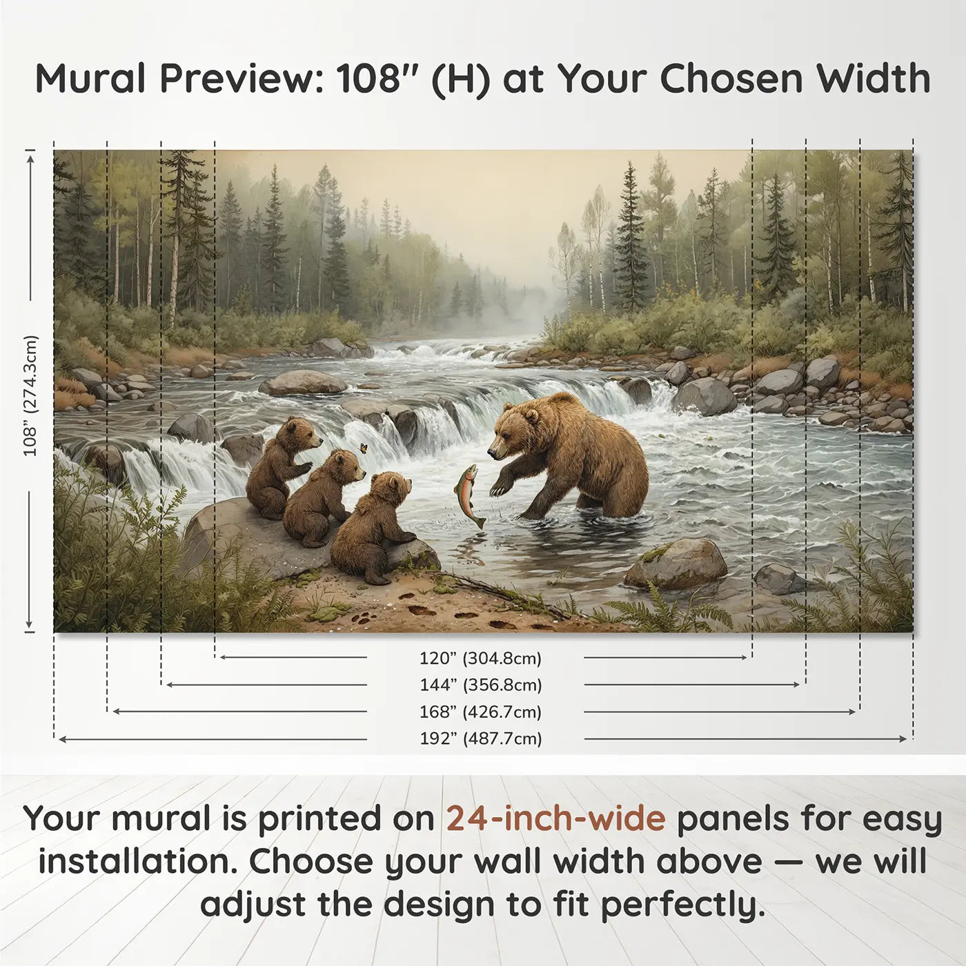 Panel layout and dimensions for Bear Fishing Cubs Watching River Wallpaper Mural by Whimsy Tots