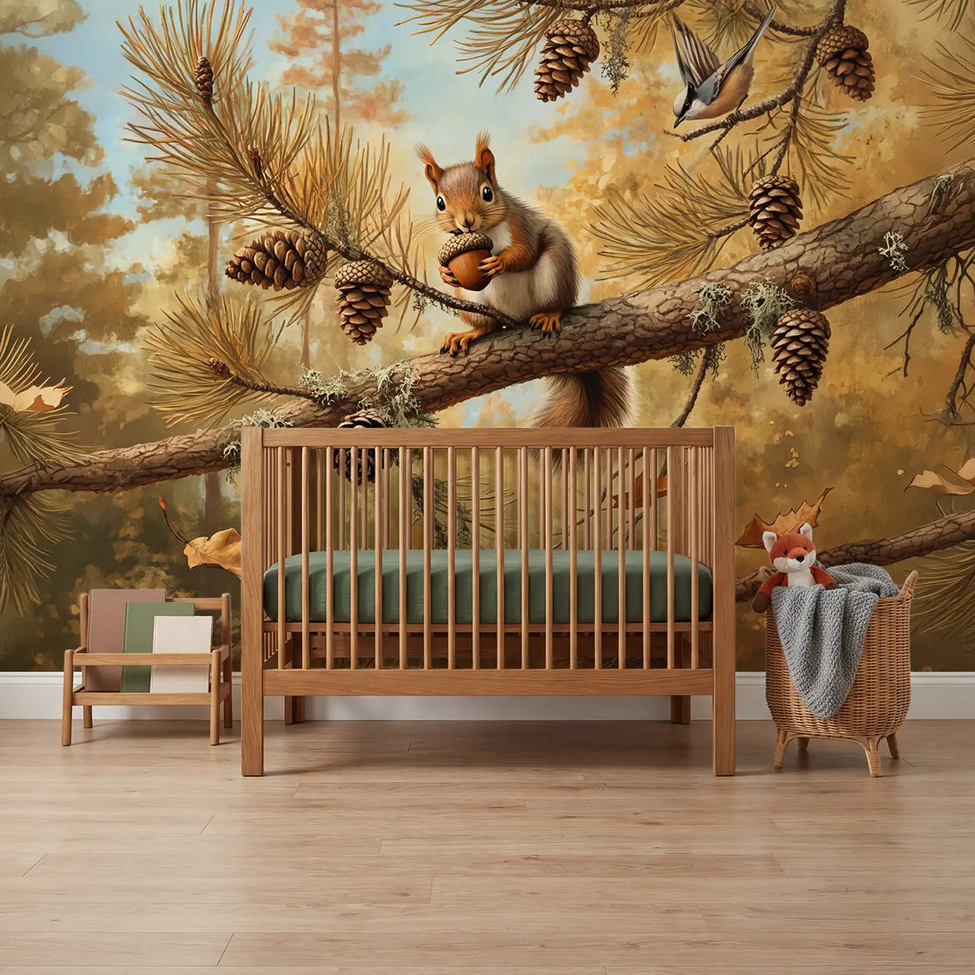 soft pastel baby squirrel acorn pine branch wallpaper mural for nursery by Whimsy Tots