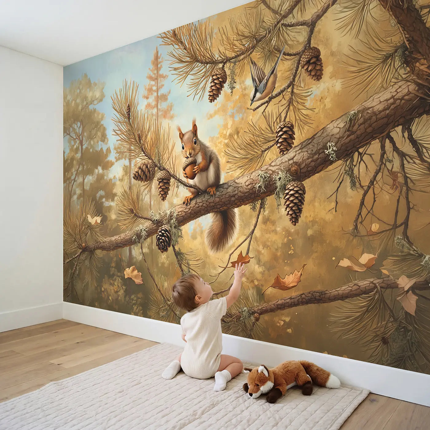 Child in nursery with Baby Squirrel Acorn Pine Wallpaper Mural by Whimsy Tots