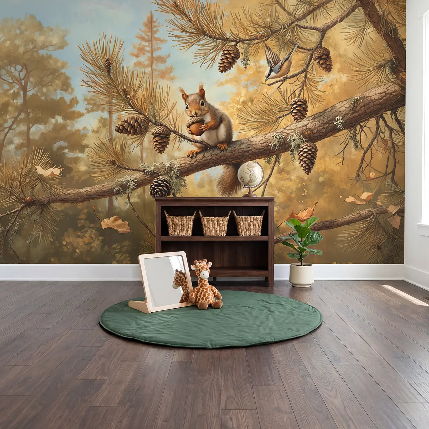Baby Squirrel Acorn Pine Wallpaper Mural in playroom setting by Whimsy Tots