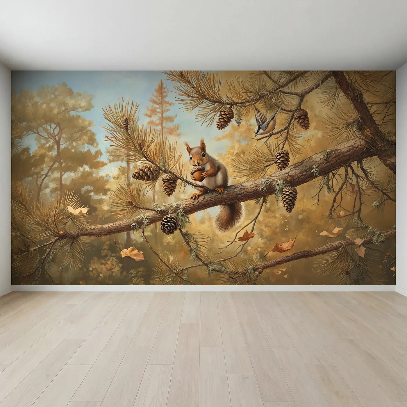Full view of Baby Squirrel Acorn Pine Wallpaper Mural by Whimsy Tots