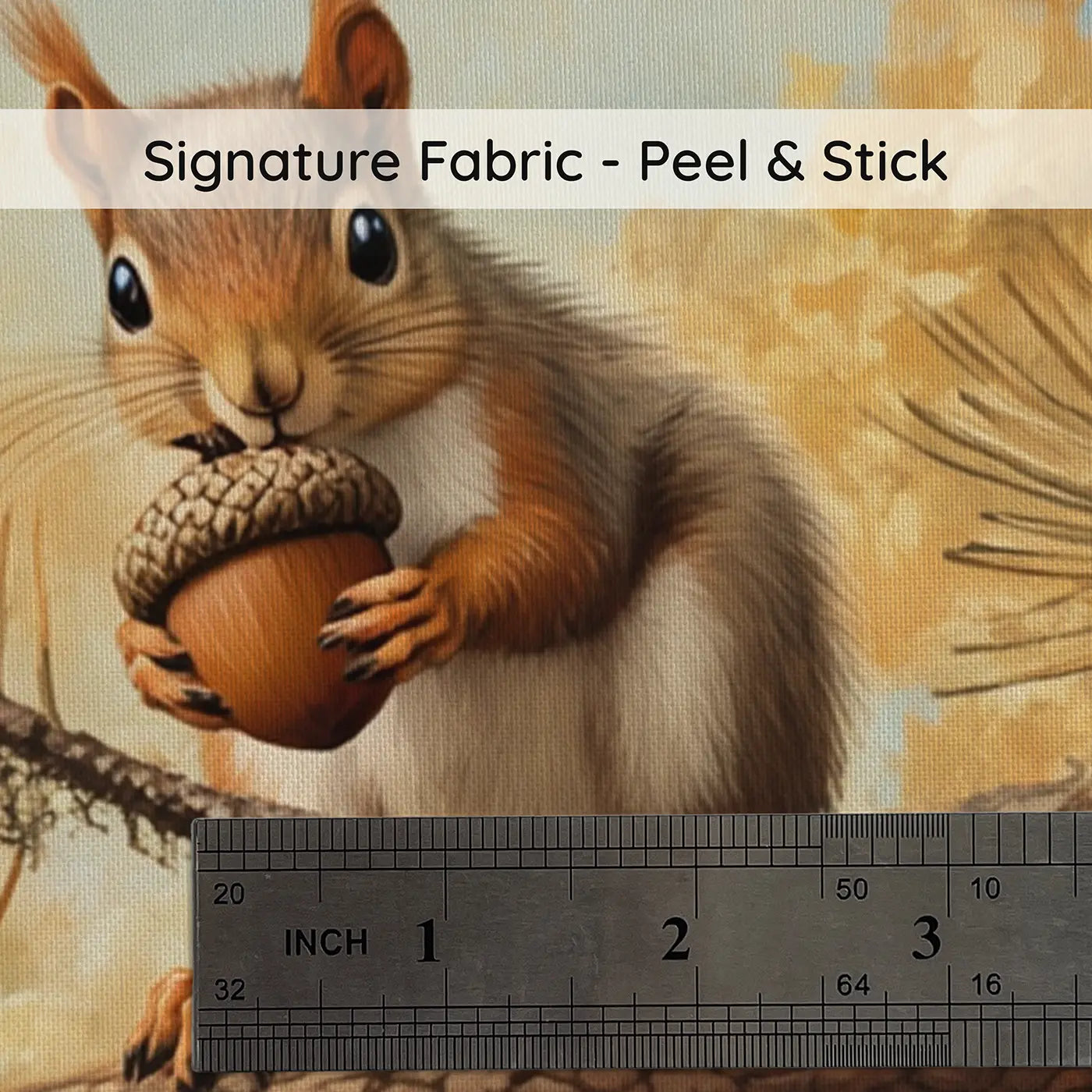 Fabric texture close-up of Baby Squirrel Acorn Pine Wallpaper Mural by Whimsy Tots