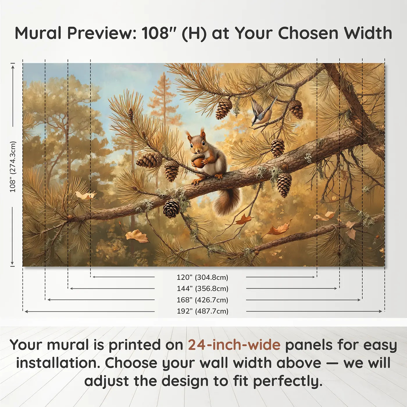 Panel layout and dimensions for Baby Squirrel Acorn Pine Wallpaper Mural by Whimsy Tots