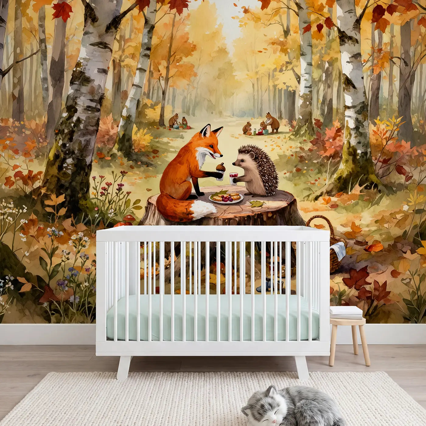 Watercolor fox and hedgehog wallpaper mural for girls room by Whimsy Tots