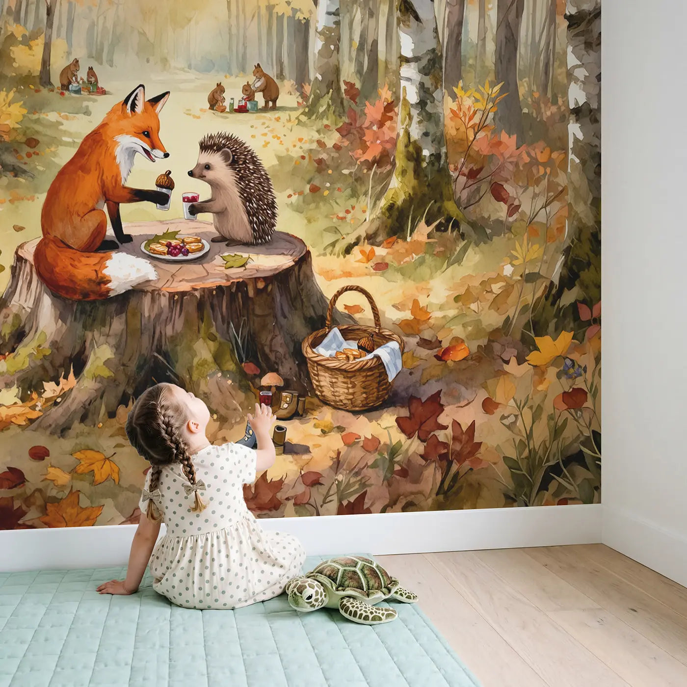 Child in nursery with Fox and Hedgehog Stump Picnic Wallpaper Mural by Whimsy Tots