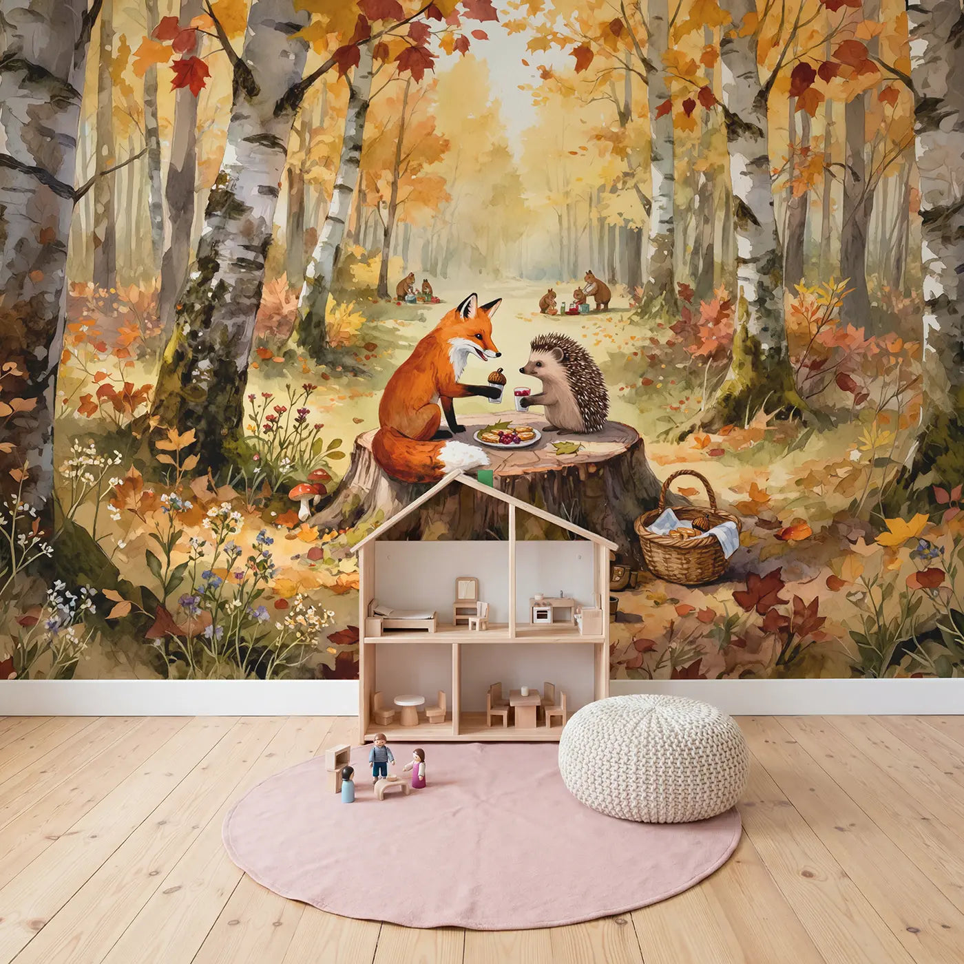 Fox and Hedgehog Stump Picnic Wallpaper Mural in playroom setting by Whimsy Tots