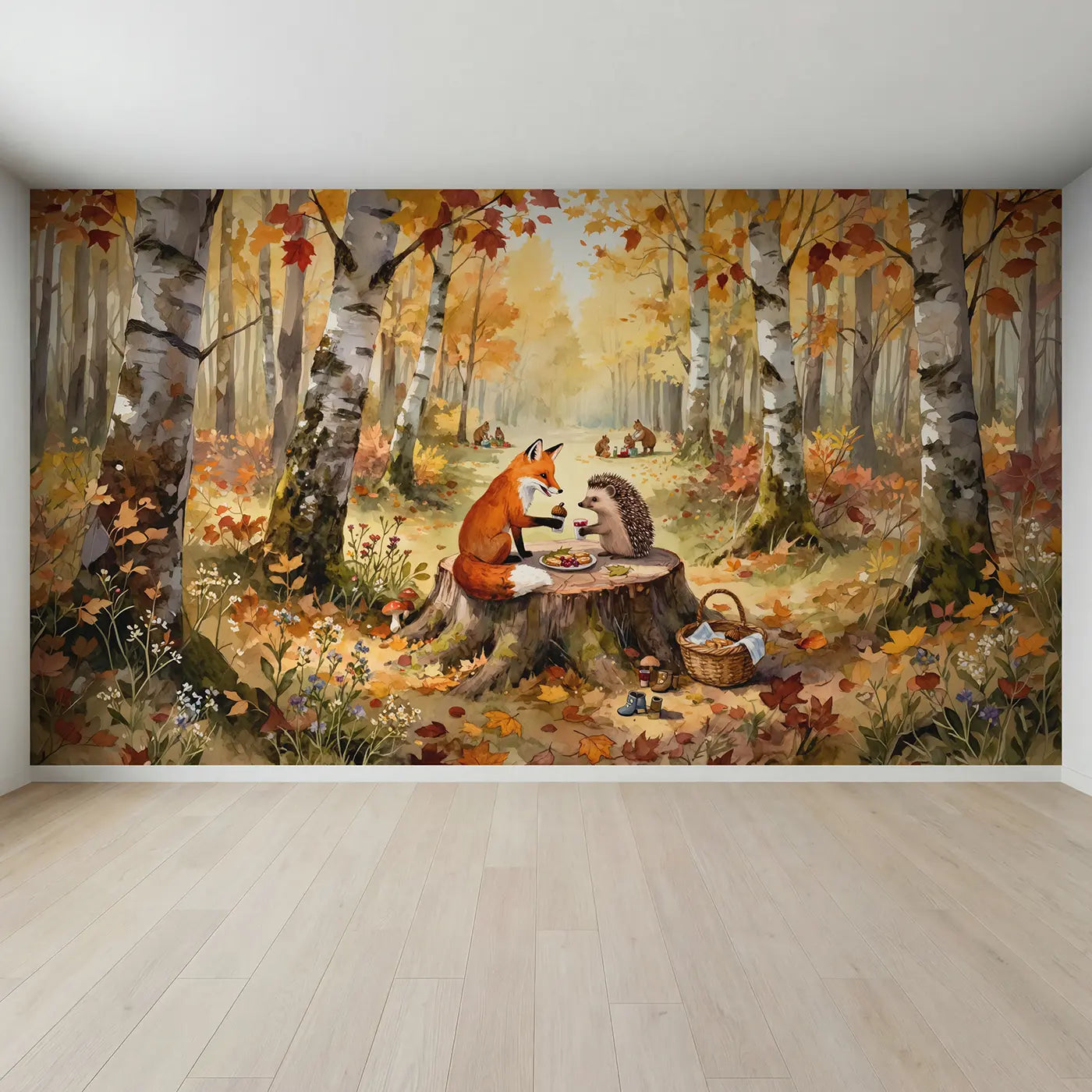 Full view of Fox and Hedgehog Stump Picnic Wallpaper Mural by Whimsy Tots