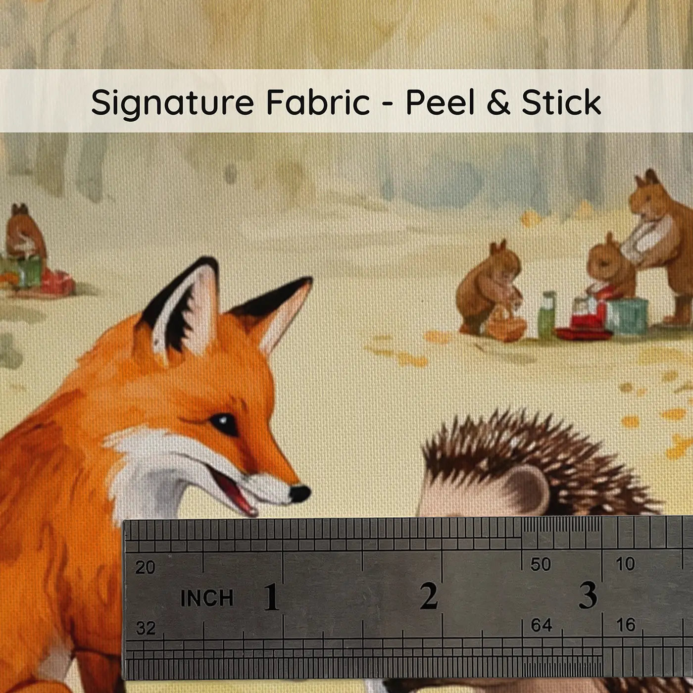 Fabric texture close-up of Fox and Hedgehog Stump Picnic Wallpaper Mural by Whimsy Tots