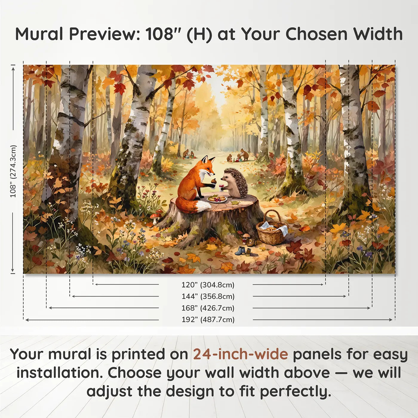 Panel layout and dimensions for Fox and Hedgehog Stump Picnic Wallpaper Mural by Whimsy Tots