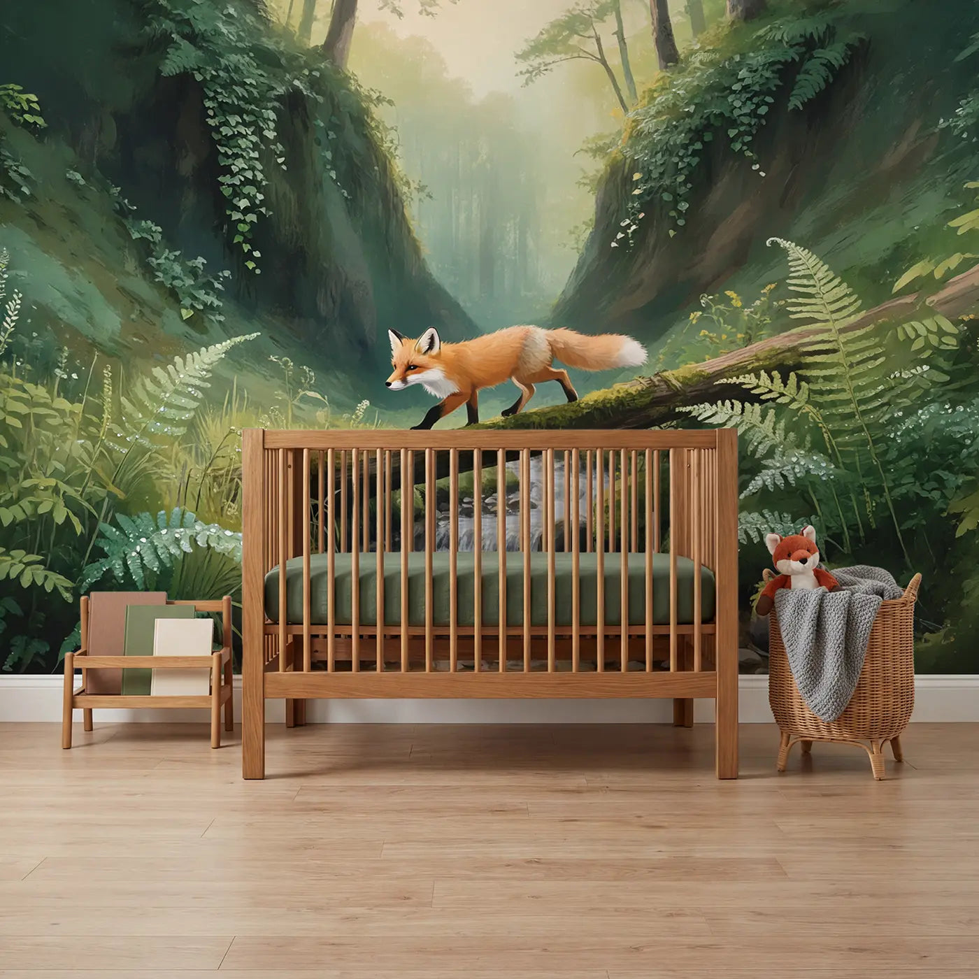 Soft pastel fox log bridge forest wallpaper mural for kids room by Whimsy Tots