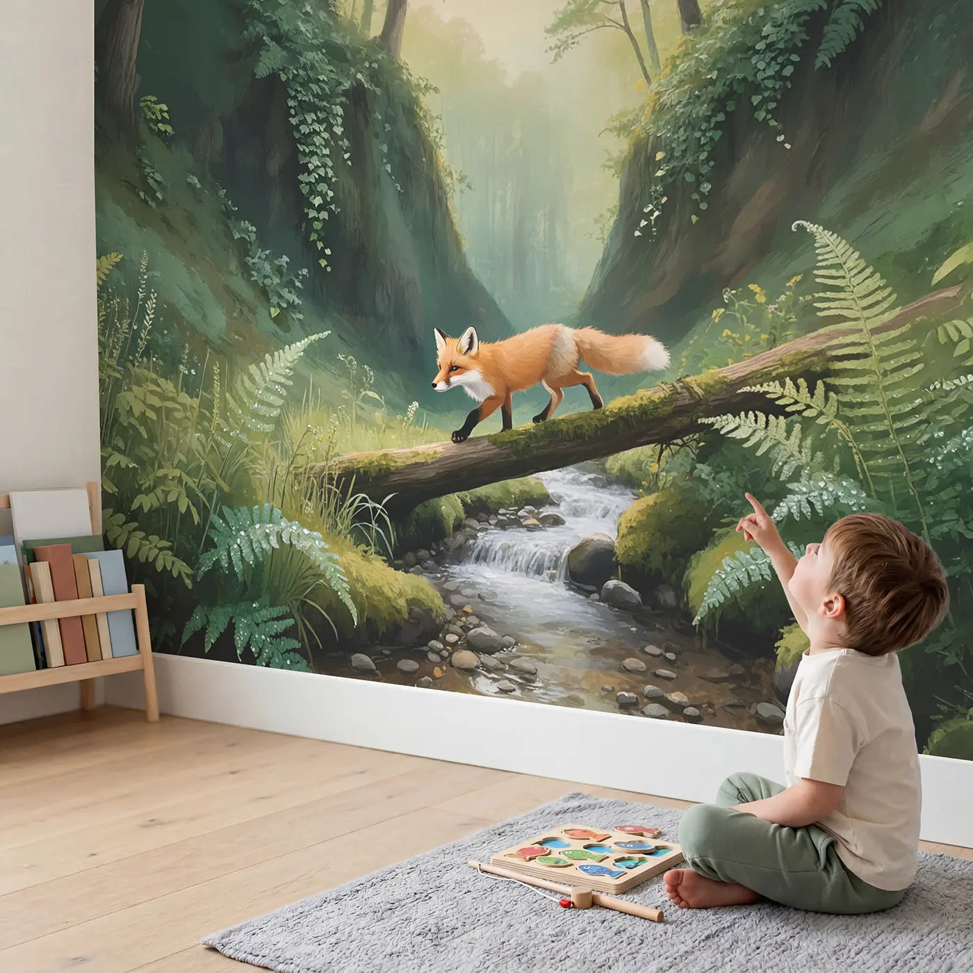 Child in nursery with Fox on Log Bridge Wallpaper Mural by Whimsy Tots