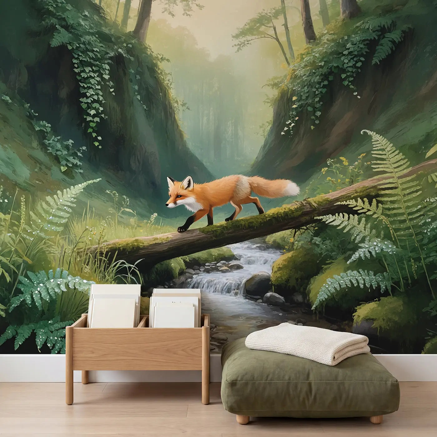 Fox on Log Bridge Wallpaper Mural in playroom setting by Whimsy Tots