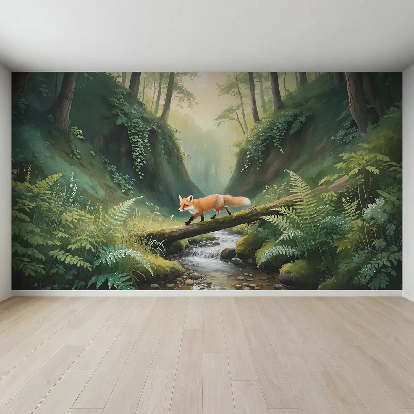 Full view of Fox on Log Bridge Wallpaper Mural by Whimsy Tots
