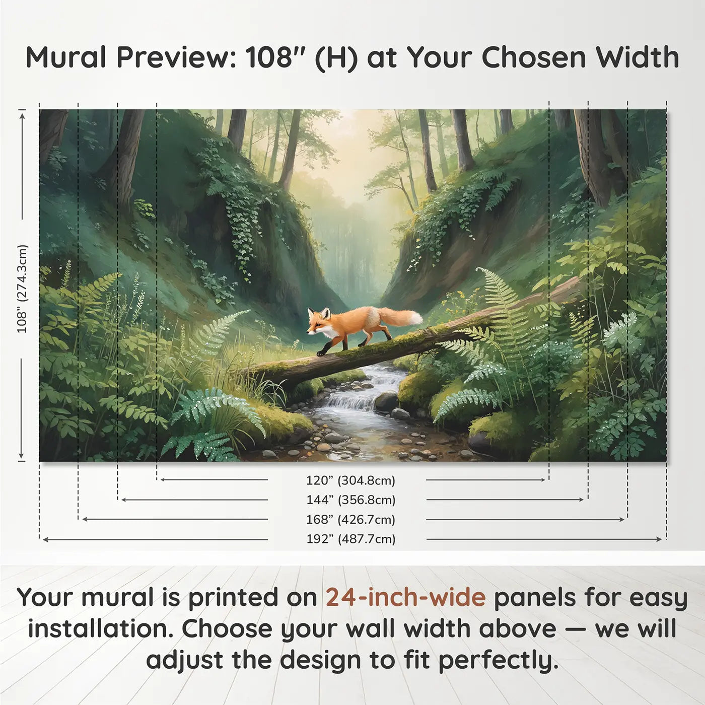 Panel layout and dimensions for Fox on Log Bridge Wallpaper Mural by Whimsy Tots