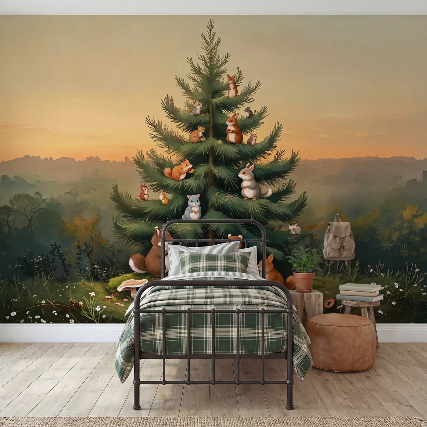 pastel woodland animals decorating tree wallpaper mural for kids room by Whimsy Tots
