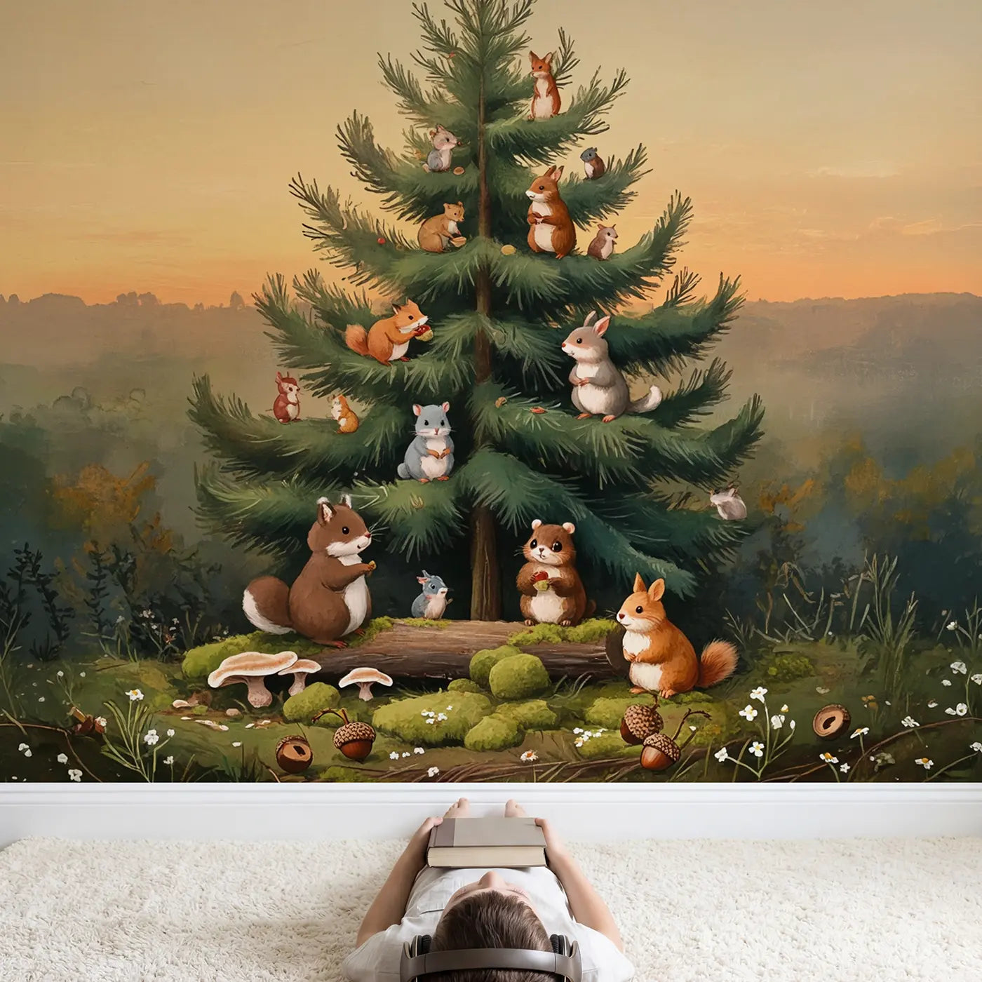 Child in nursery with Woodland Animals Decorating Tree Wallpaper Mural by Whimsy Tots