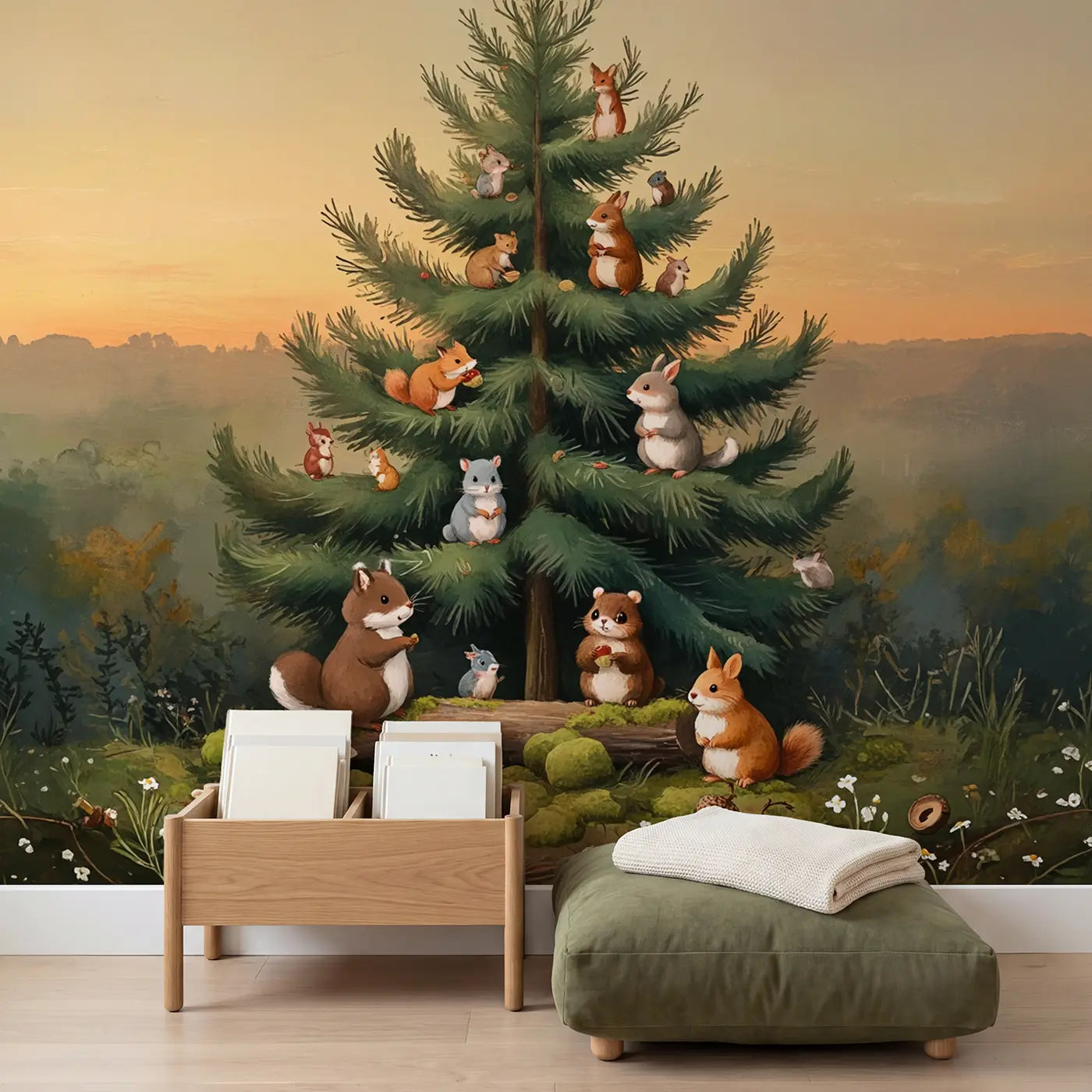 Woodland Animals Decorating Tree Wallpaper Mural in playroom setting by Whimsy Tots