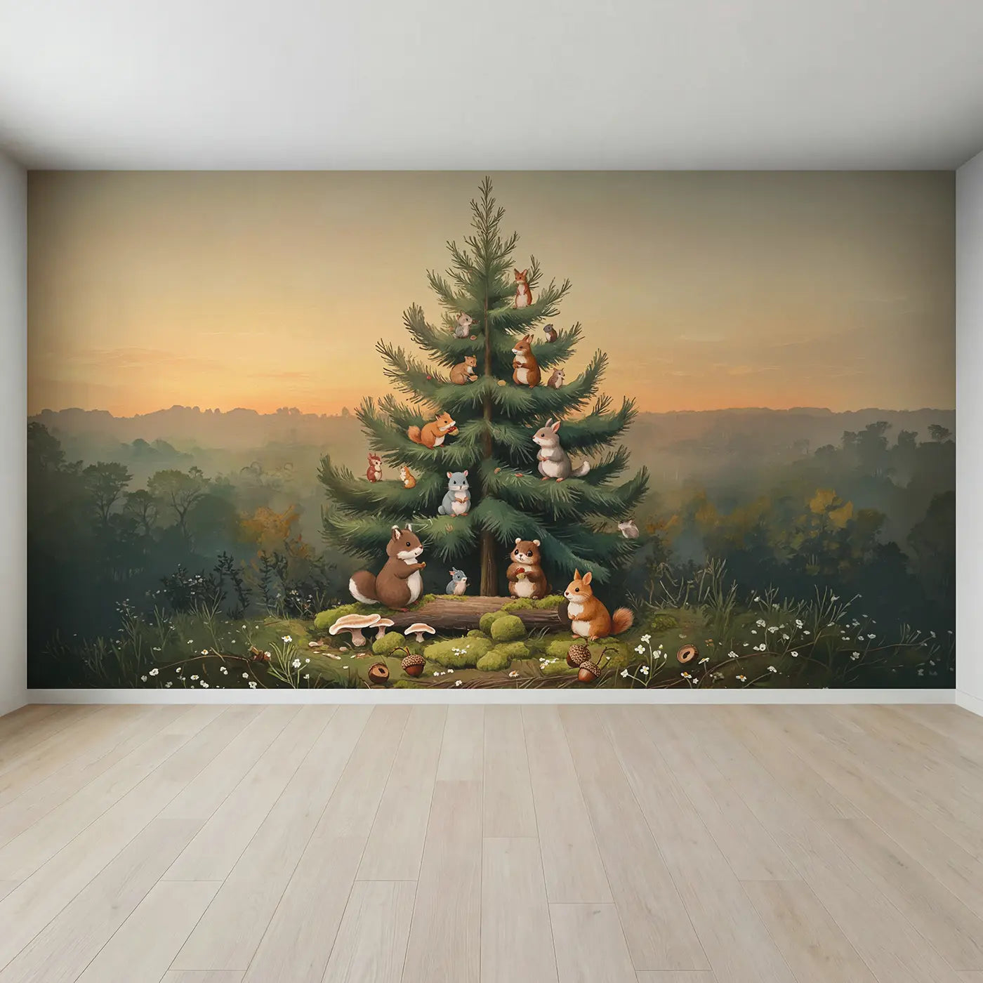Full view of Woodland Animals Decorating Tree Wallpaper Mural by Whimsy Tots