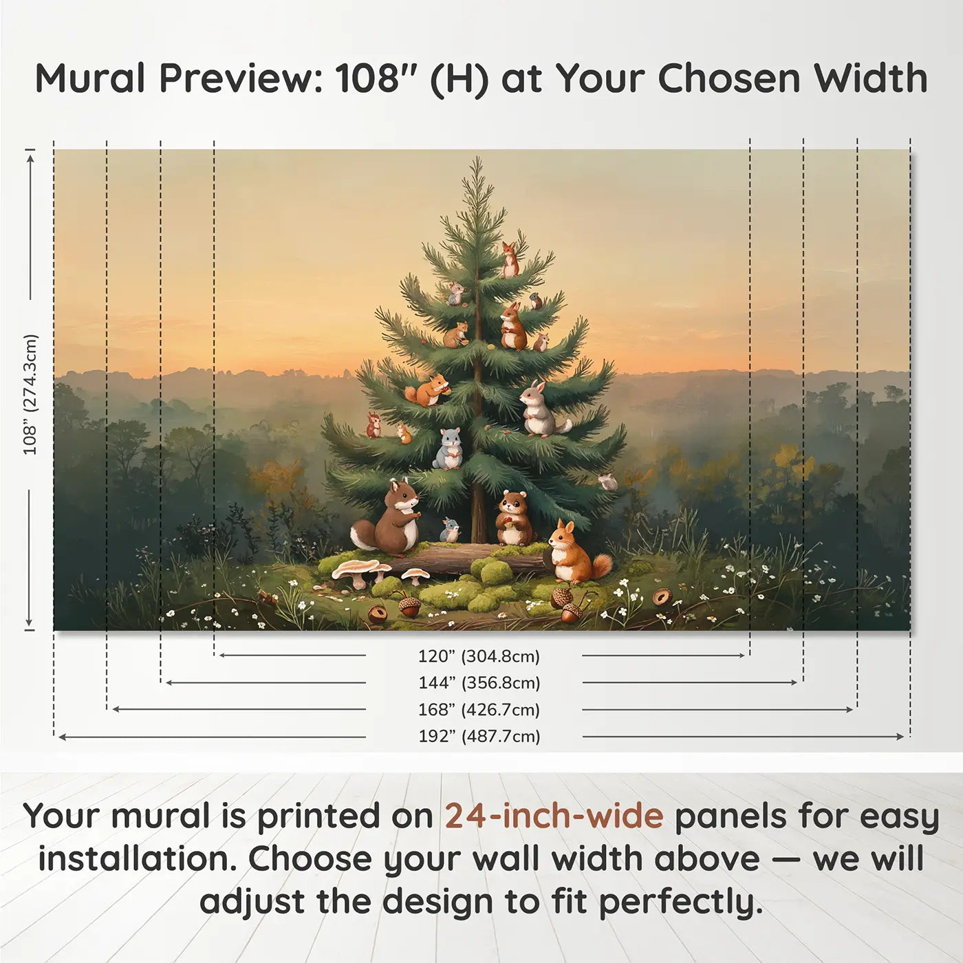 Panel layout and dimensions for Woodland Animals Decorating Tree Wallpaper Mural by Whimsy Tots