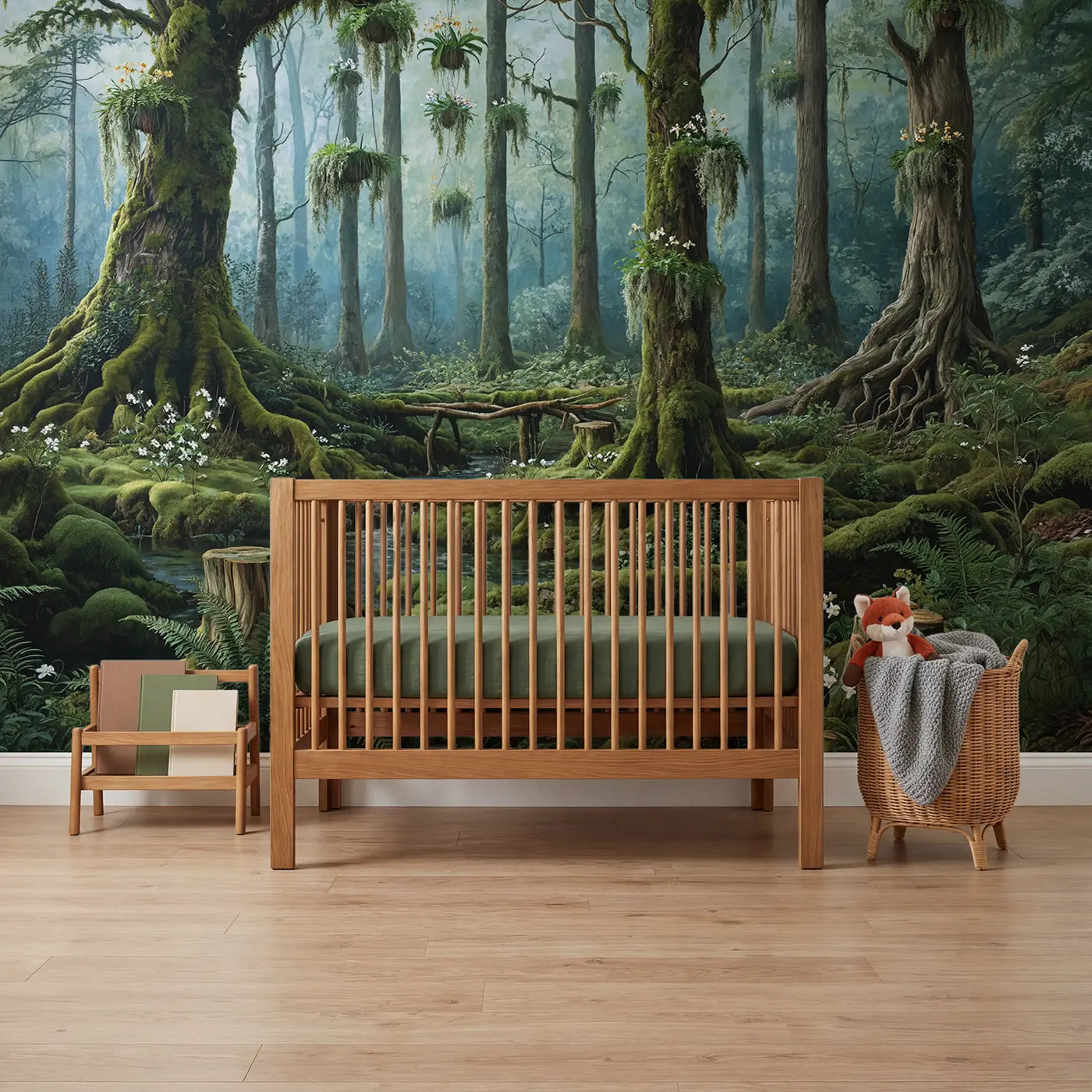 botanical elegance mossy woodland ancient trees forest wallpaper mural for nursery by Whimsy Tots