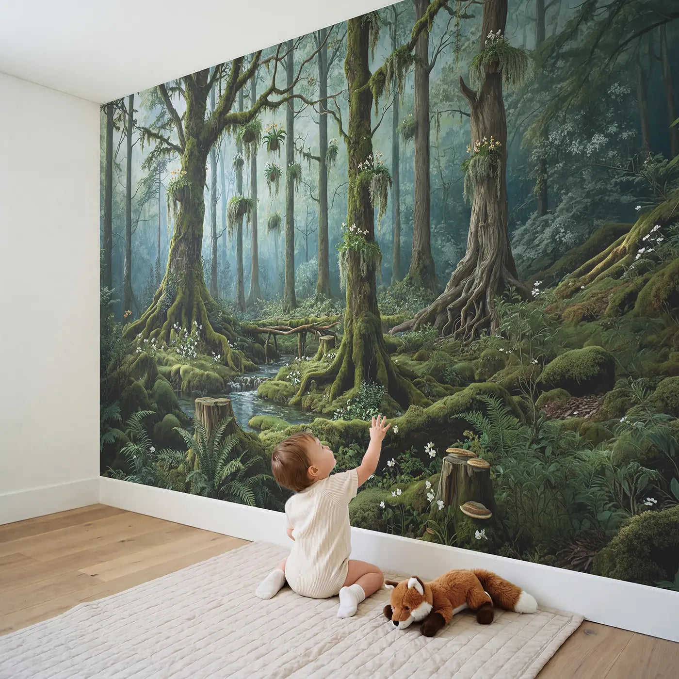 Child in nursery with Primeval Mossy Woodland Wallpaper Mural by Whimsy Tots