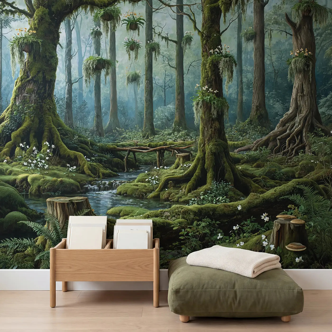 Primeval Mossy Woodland Wallpaper Mural in playroom setting by Whimsy Tots