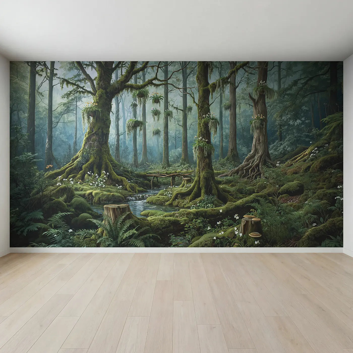 Full view of Primeval Mossy Woodland Wallpaper Mural by Whimsy Tots