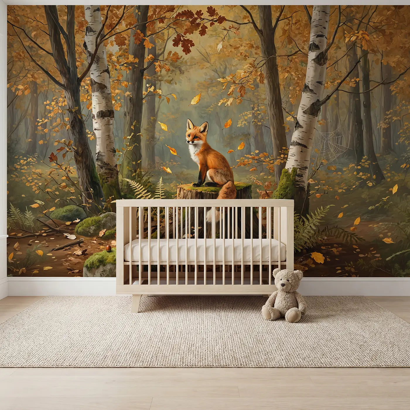 botanical elegance red fox kit autumn stump forest wallpaper mural for kids room by Whimsy Tots