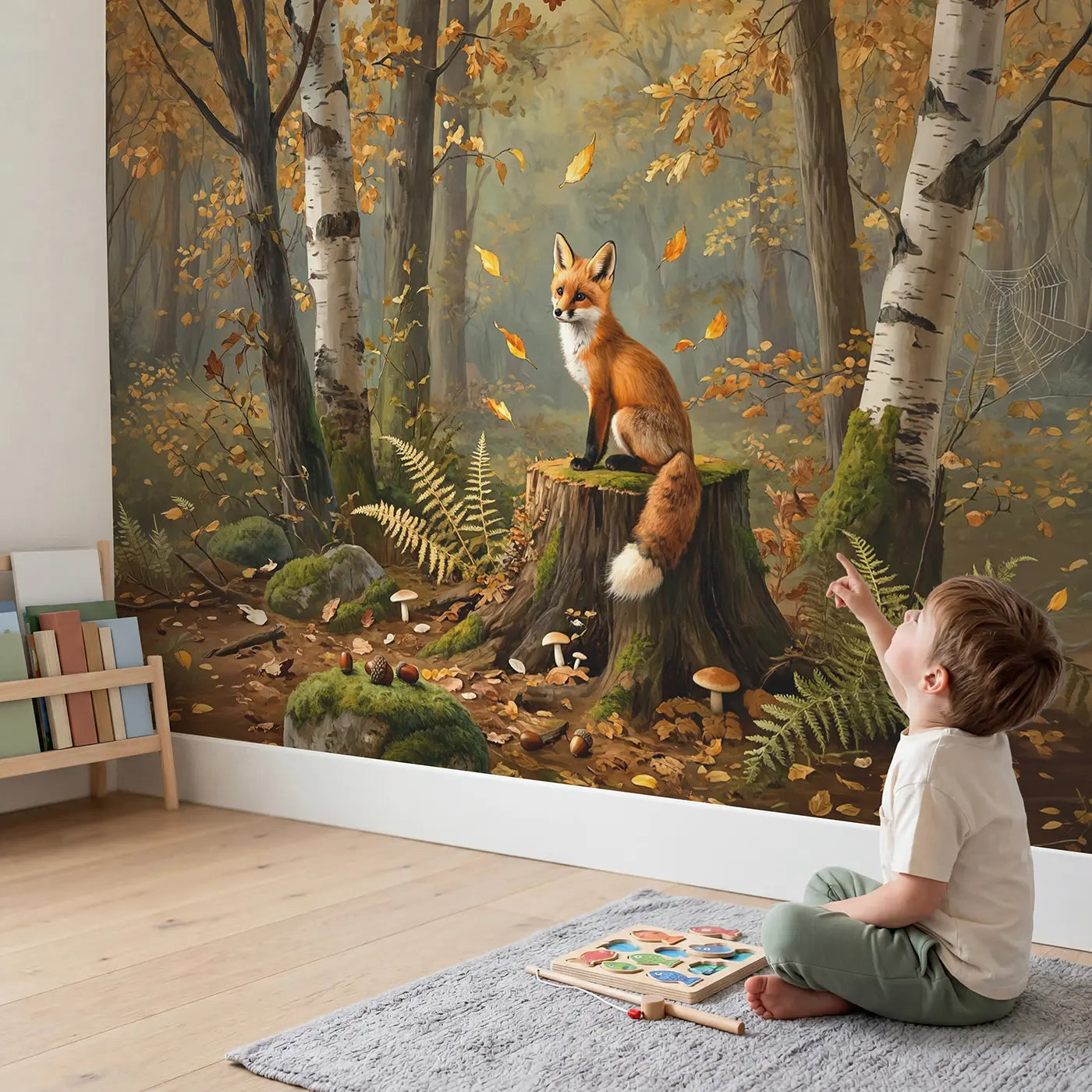 Child in nursery with Red Fox Kit Autumn Stump Wallpaper Mural by Whimsy Tots