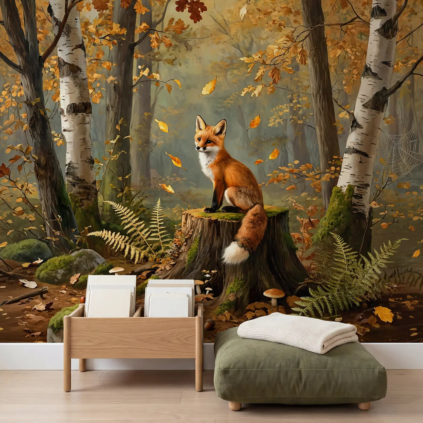 Red Fox Kit Autumn Stump Wallpaper Mural in playroom setting by Whimsy Tots