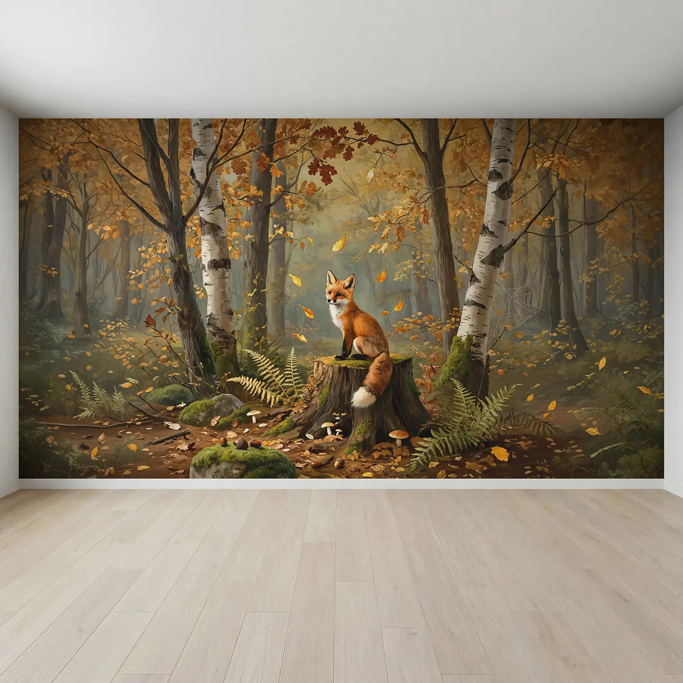 Full view of Red Fox Kit Autumn Stump Wallpaper Mural by Whimsy Tots