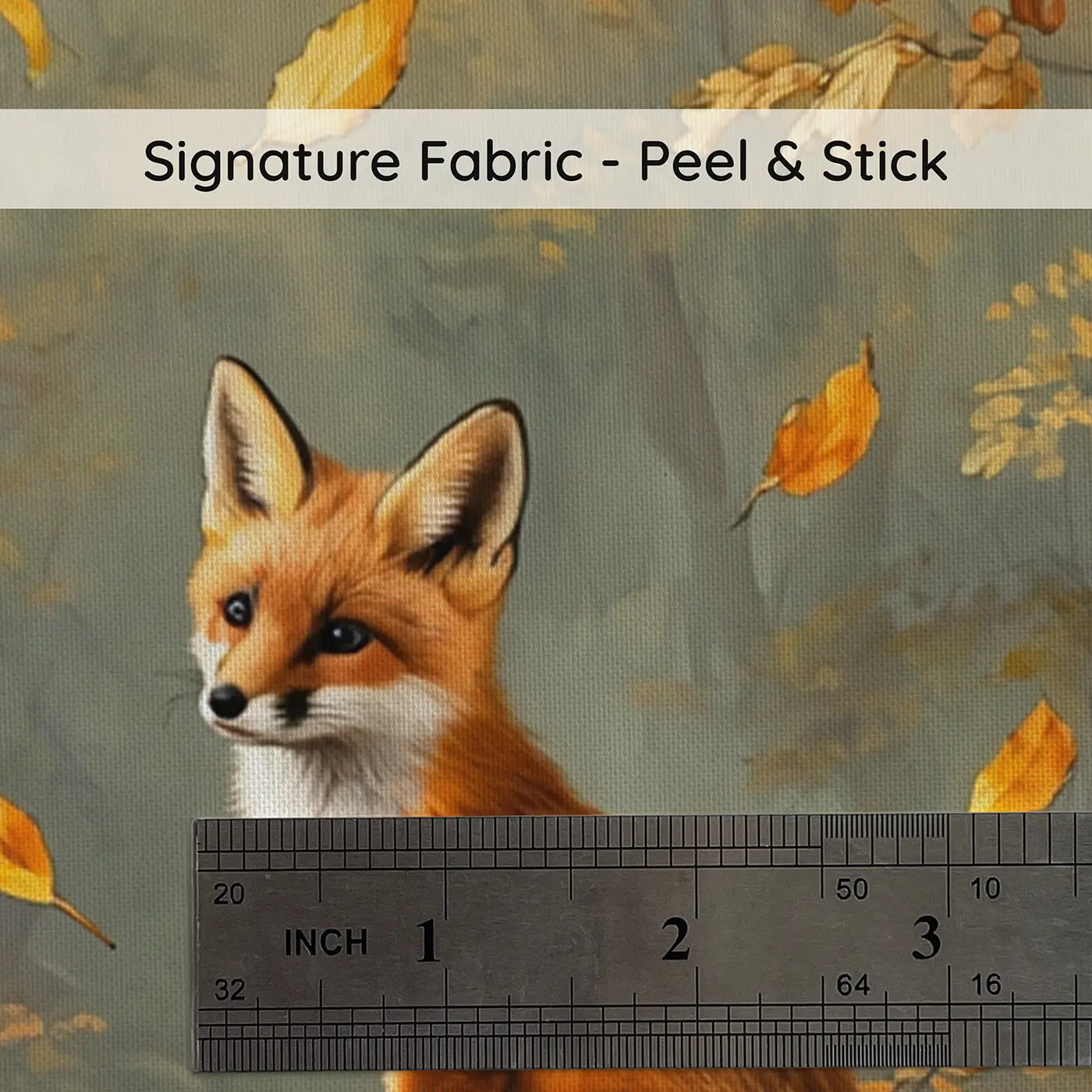 Fabric texture close-up of Red Fox Kit Autumn Stump Wallpaper Mural by Whimsy Tots