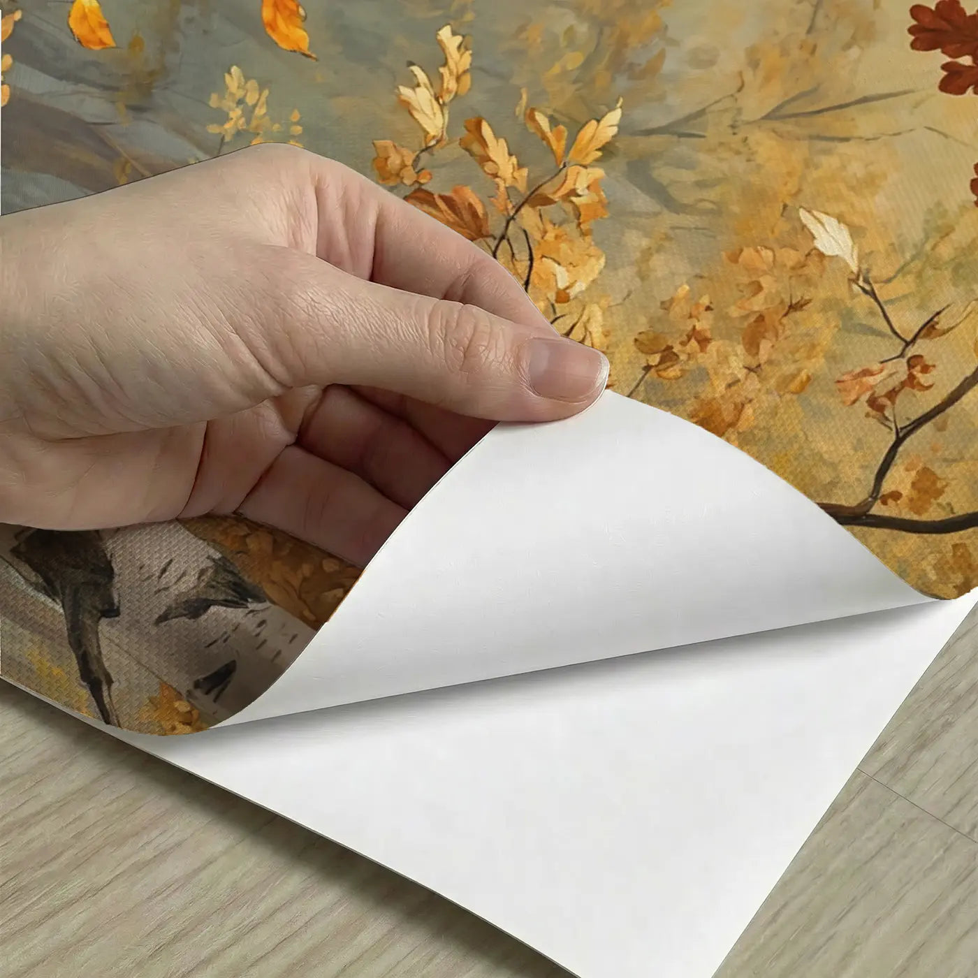 Peel-and-stick detail of Red Fox Kit Autumn Stump Wallpaper Mural by Whimsy Tots