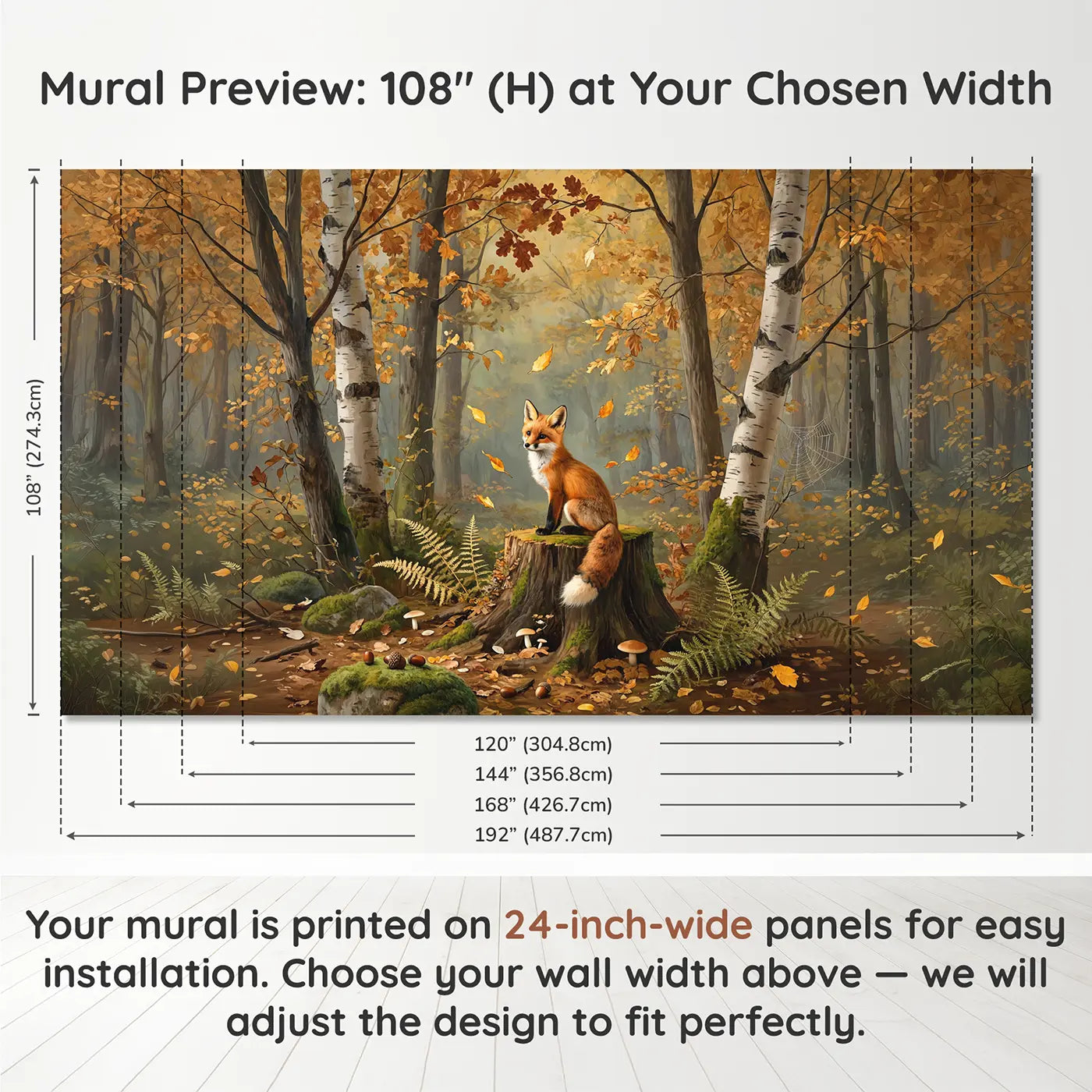 Panel layout and dimensions for Red Fox Kit Autumn Stump Wallpaper Mural by Whimsy Tots