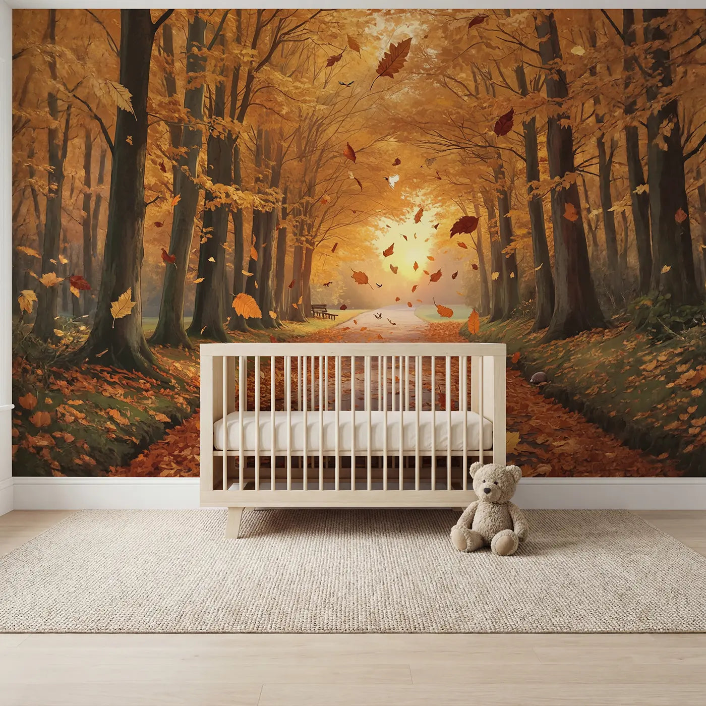 soft pastel autumn forest path mural for nursery by Whimsy Tots
