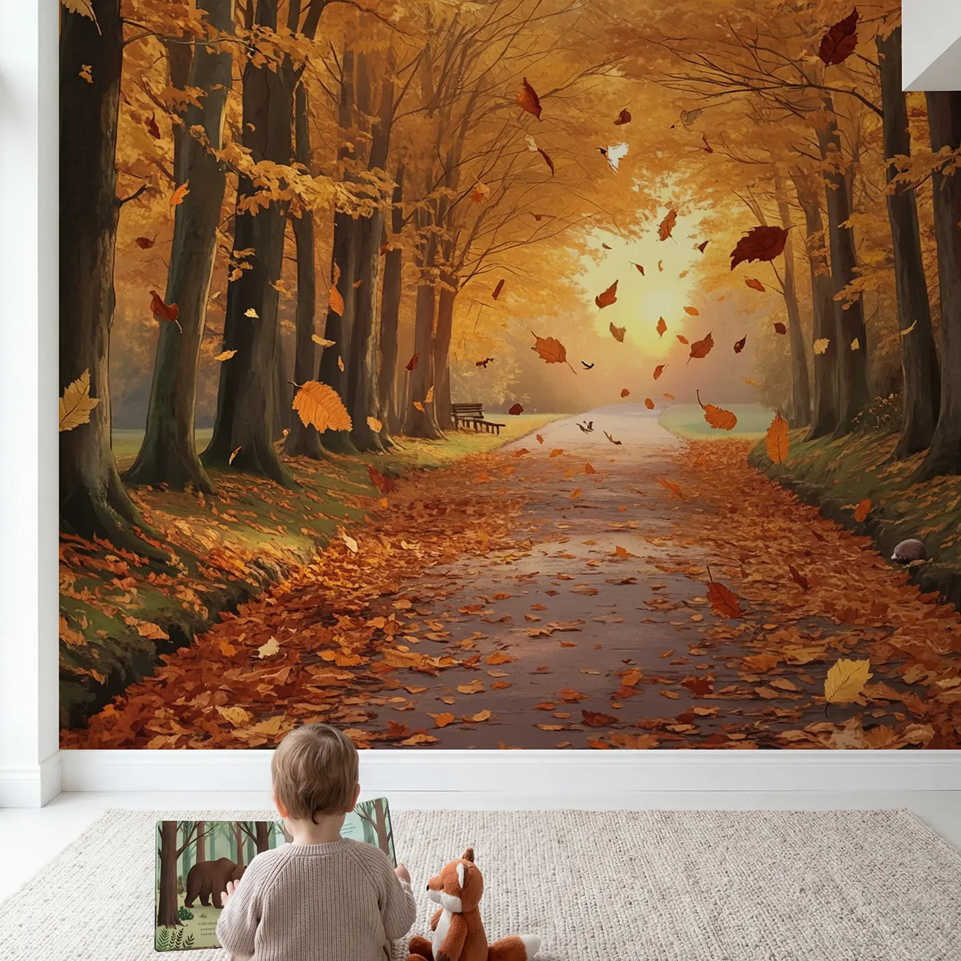 Child in nursery with Golden Autumn Forest Path Wallpaper Mural by Whimsy Tots