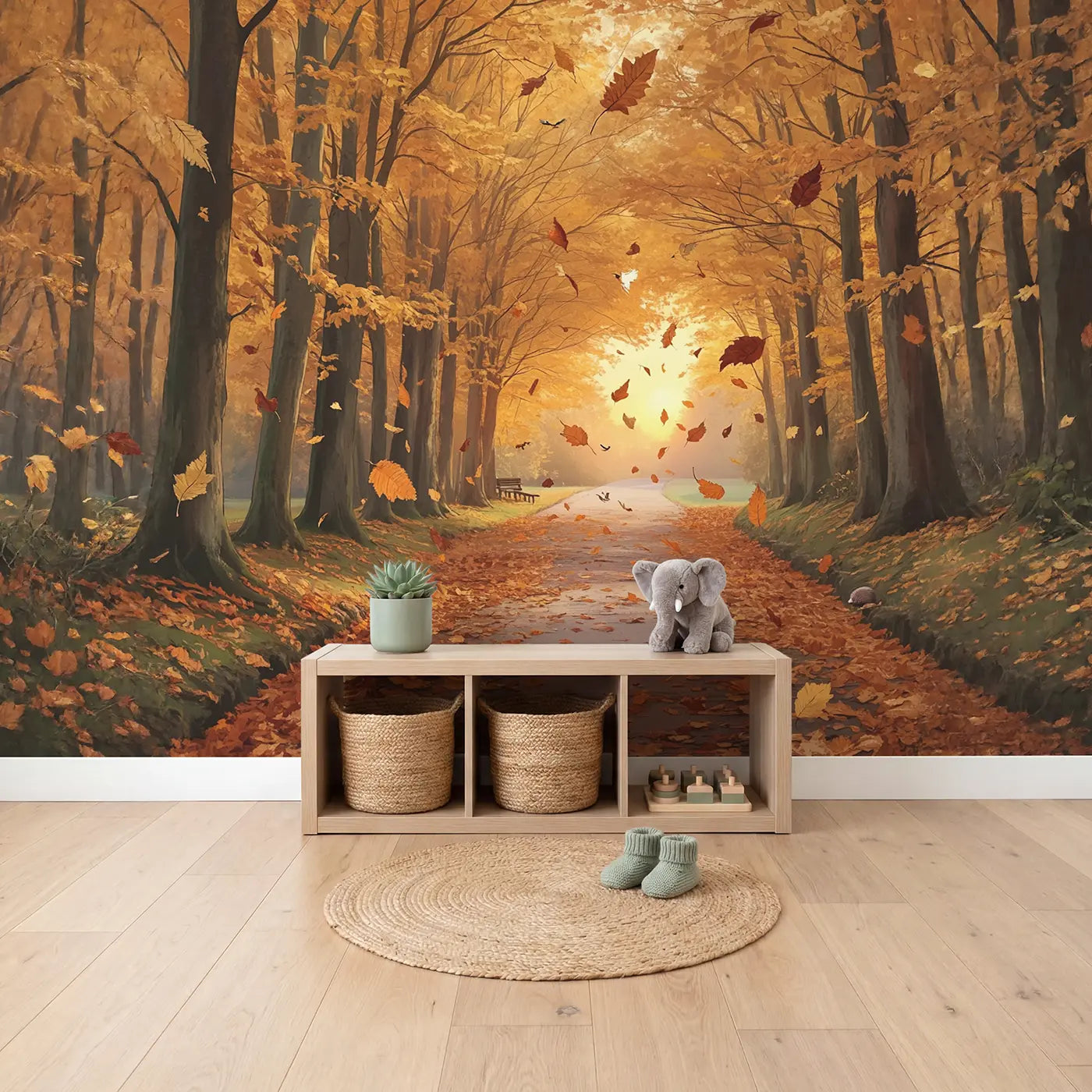 Golden Autumn Forest Path Wallpaper Mural in playroom setting by Whimsy Tots