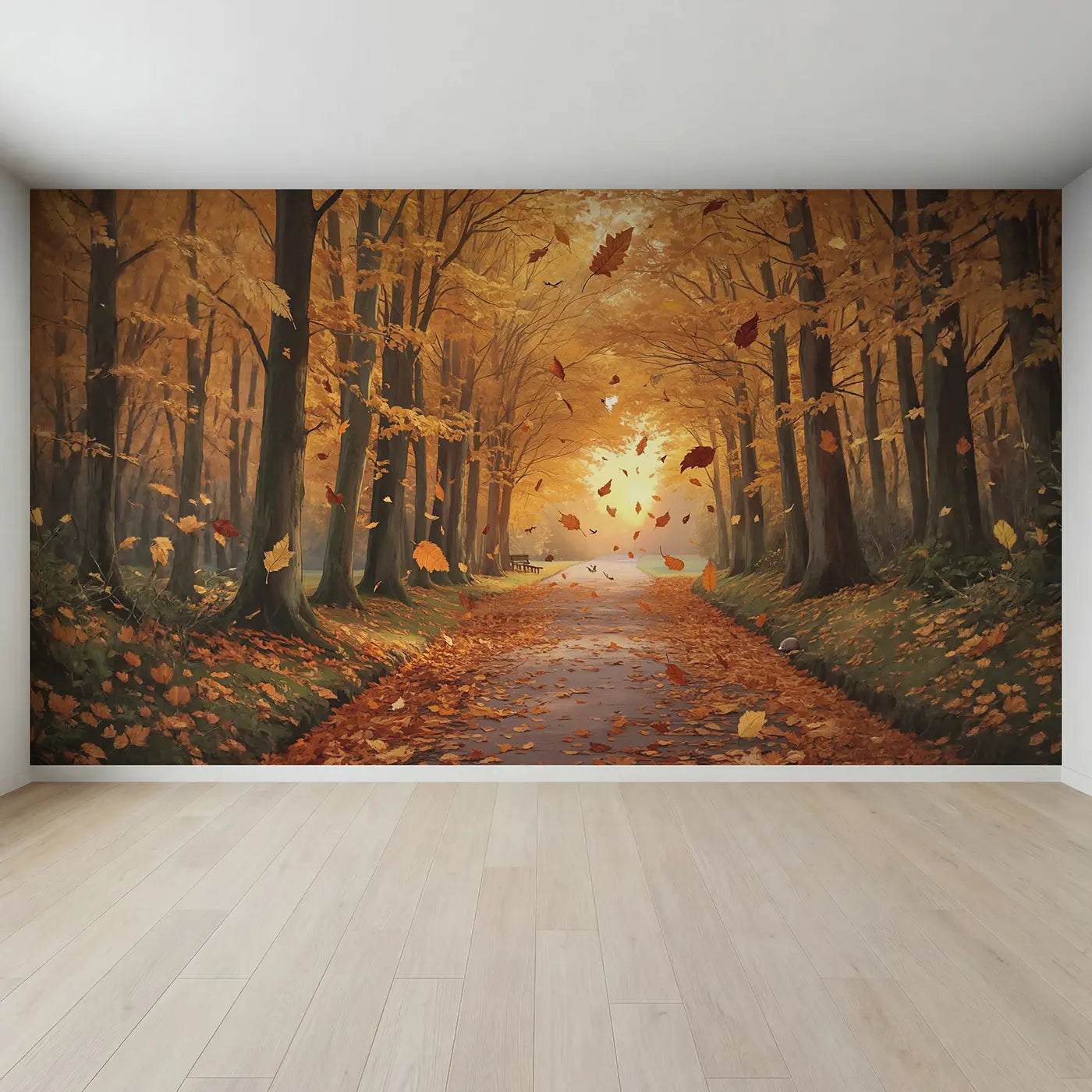 Full view of Golden Autumn Forest Path Wallpaper Mural by Whimsy Tots