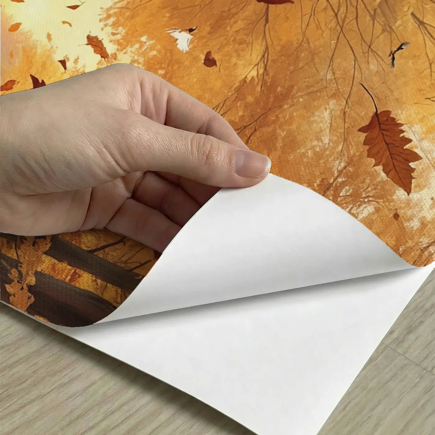 Peel-and-stick detail of Golden Autumn Forest Path Wallpaper Mural by Whimsy Tots
