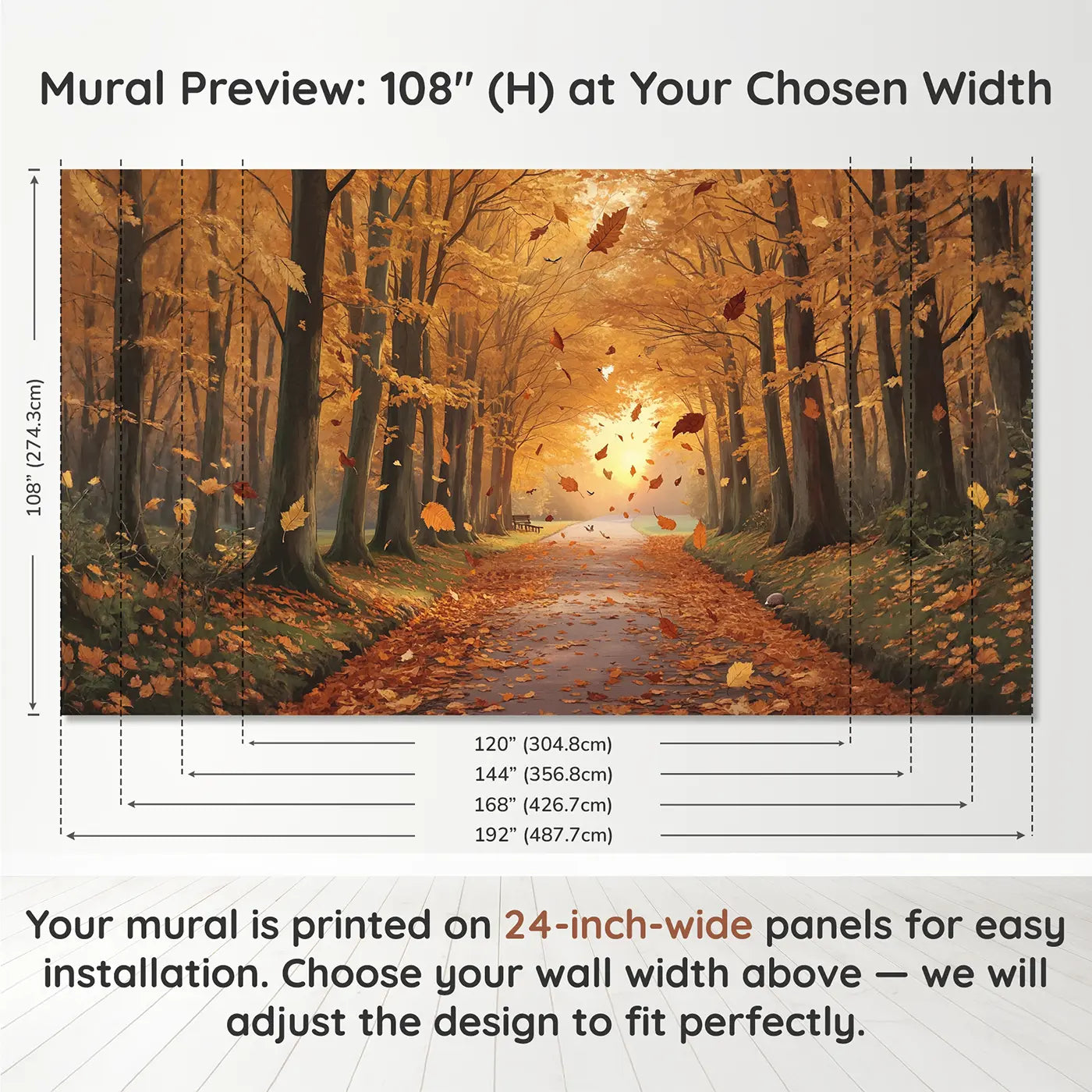 Panel layout and dimensions for Golden Autumn Forest Path Wallpaper Mural by Whimsy Tots
