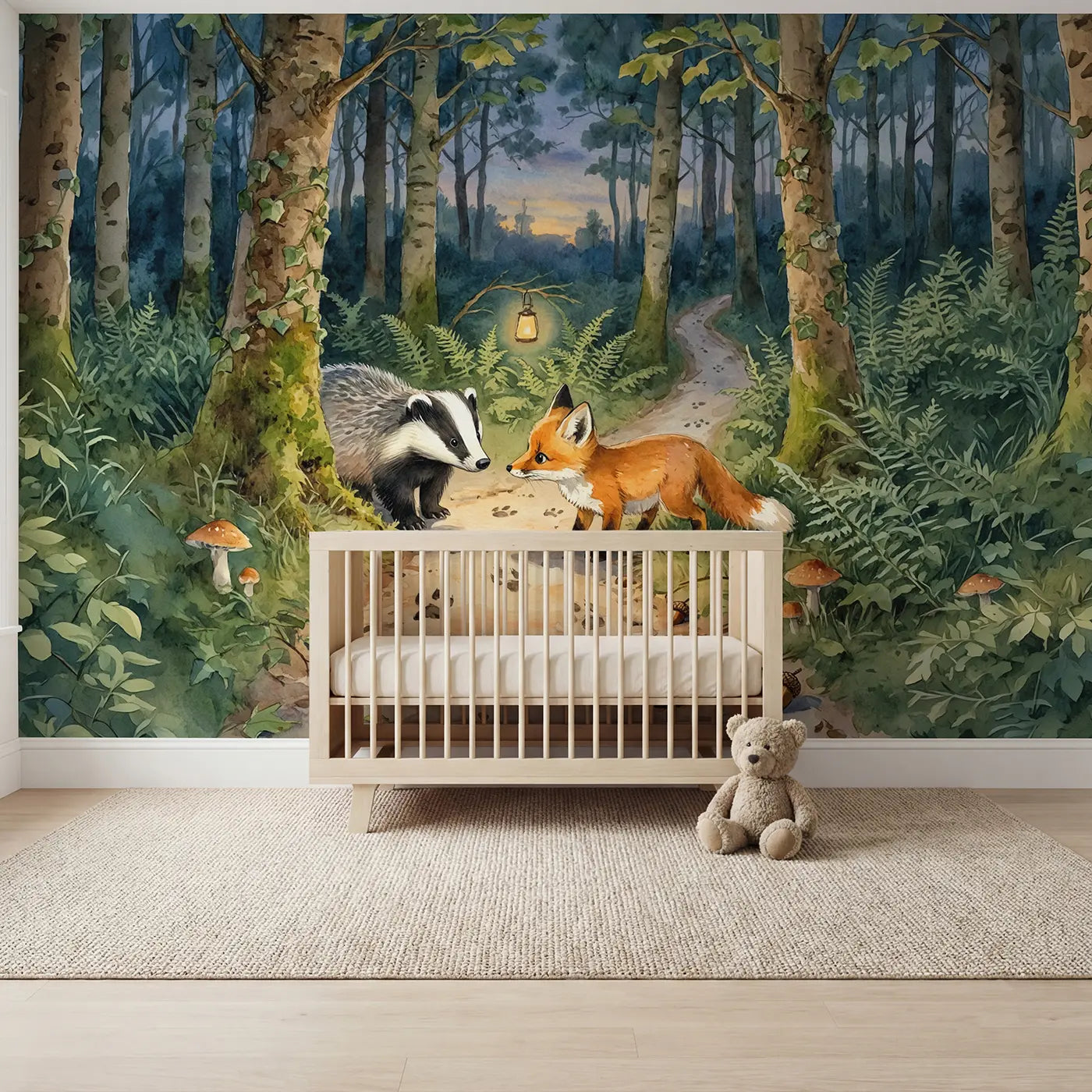 watercolor woodland path friends meeting wallpaper mural for kids room by Whimsy Tots