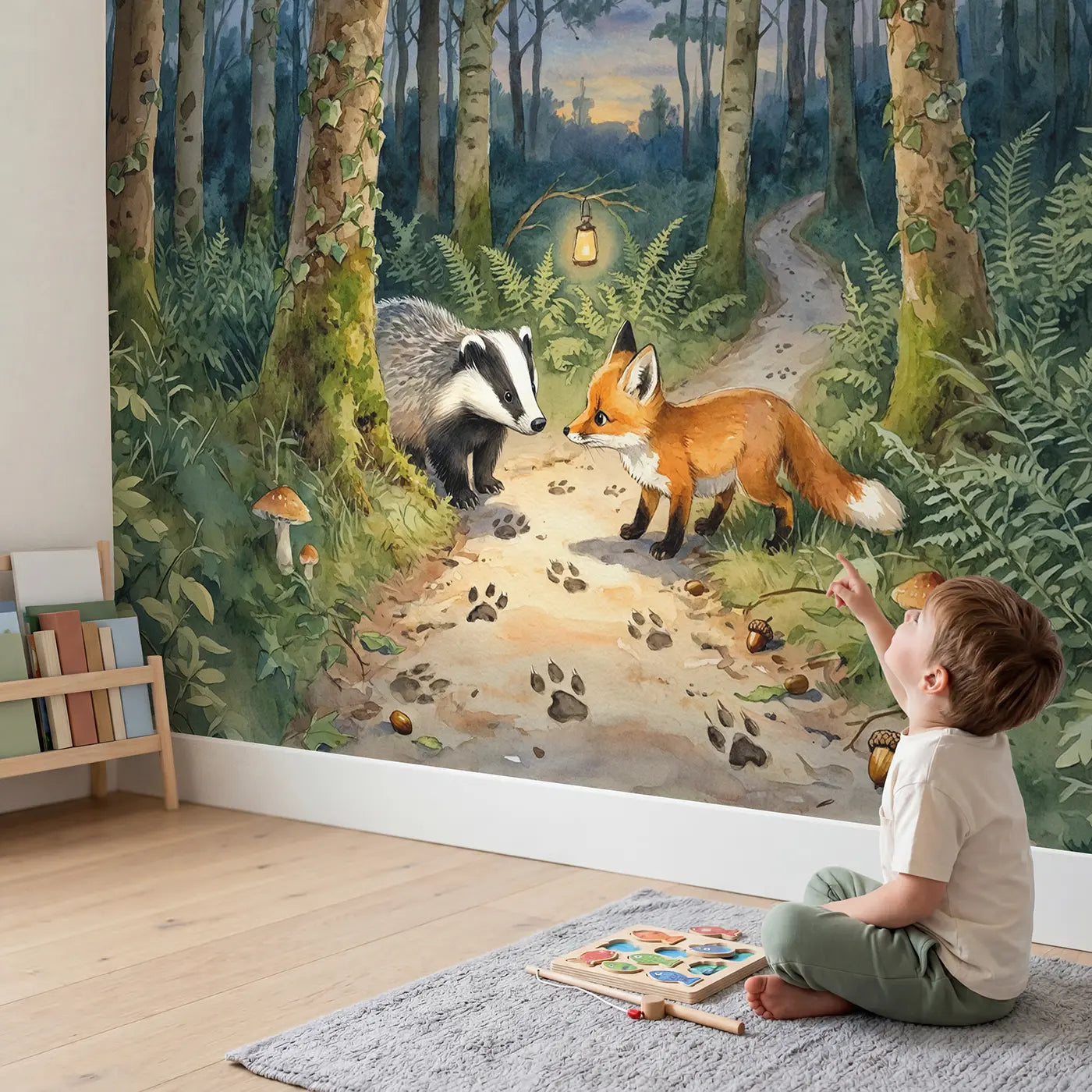 Child in nursery with Woodland Path Friends Meeting Wallpaper Mural by Whimsy Tots