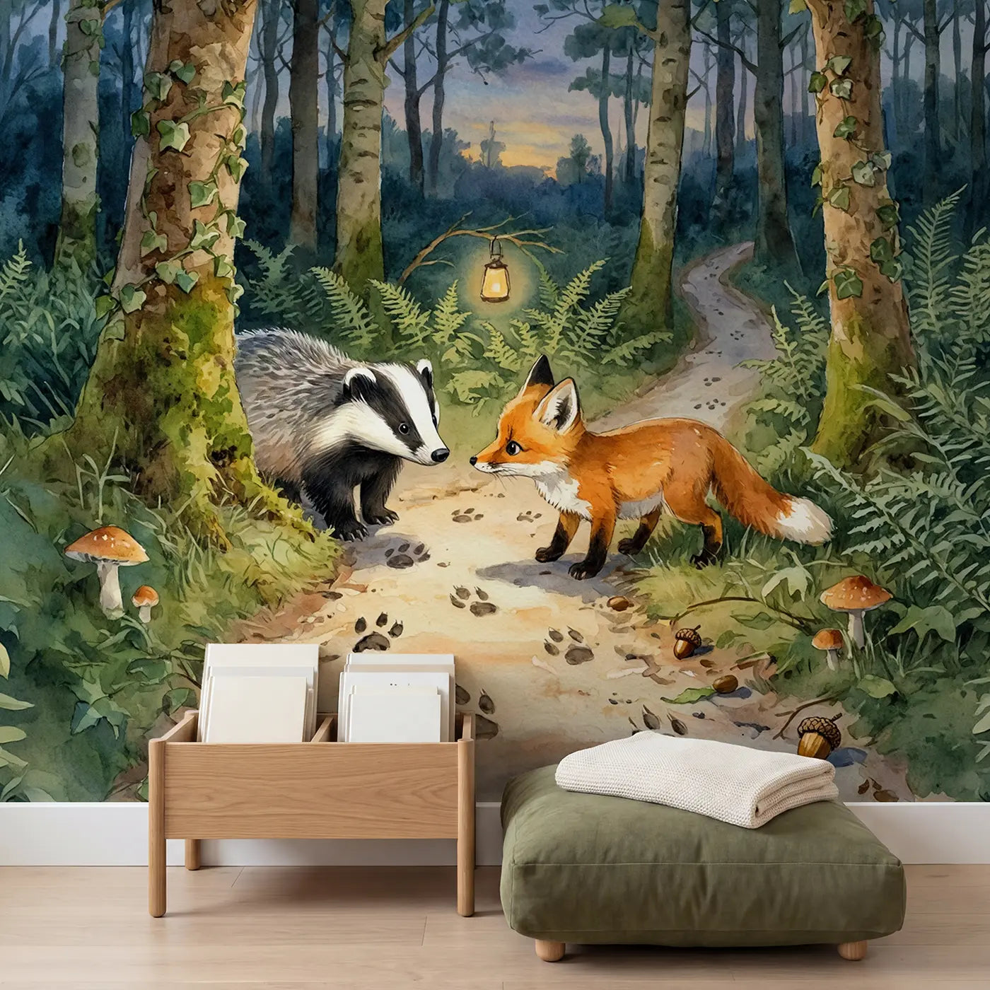 Woodland Path Friends Meeting Wallpaper Mural in playroom setting by Whimsy Tots